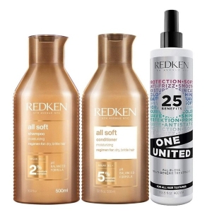 PACK CHAMPU, ACONDICIONADOR Y TRATAMIENTO ONE UNITED -ALL SOFT- 300ML, 300ML Y 150ML REDKEN