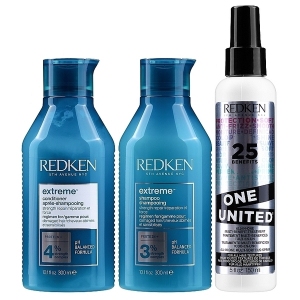 PACK CHAMPU, ACONDICIONADOR Y TRATAMINETO ONE UNITED -EXTREME- 300ML, 300ML y 150ML REDKEN